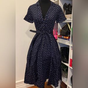 Collectif x ModCloth Navy and White Polka Dot Midi Dress (XXS)